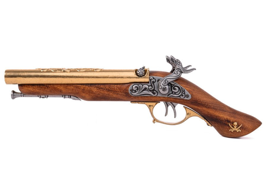 Denix double barrel pirate pistol replica with antique brass finish shown from the right side