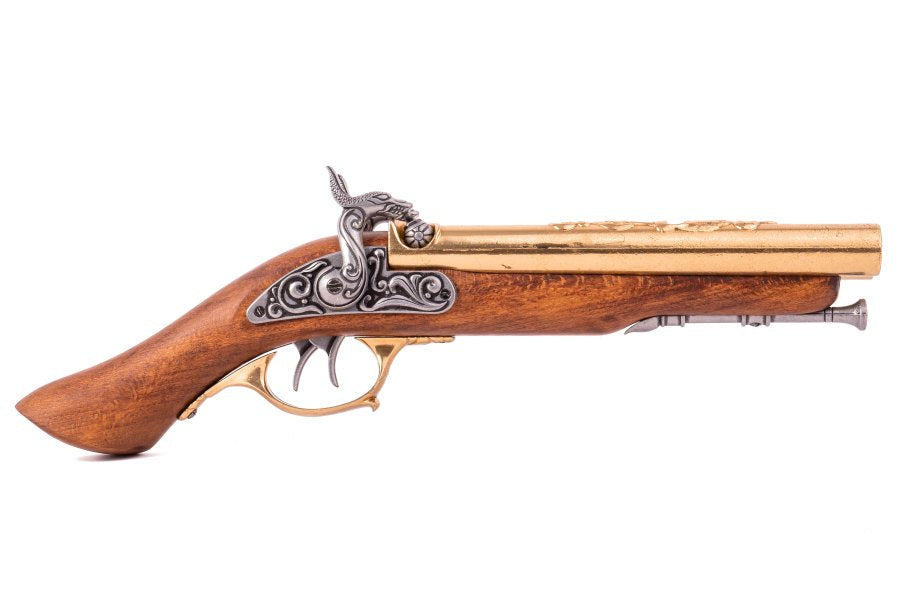 Denix double barrel pirate pistol replica with antique brass finish shown from the left side
