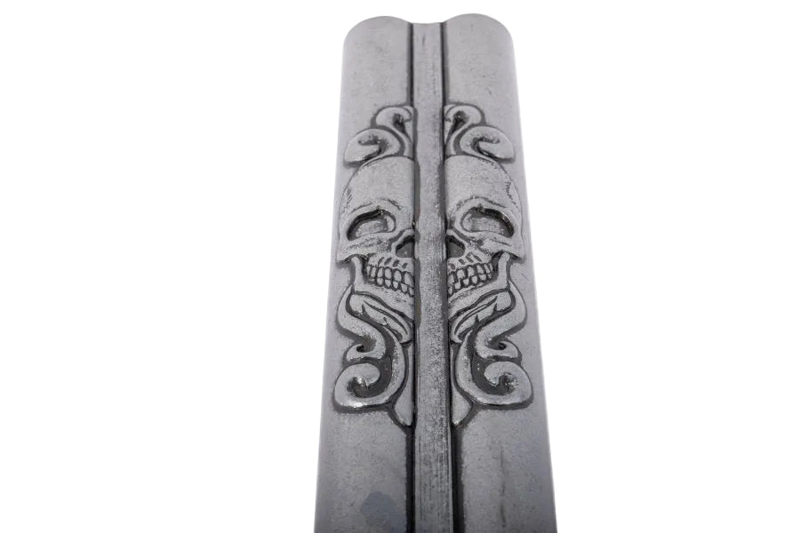 Angled display view of a Denix double barrel pirate pistol replica with antique grey finish