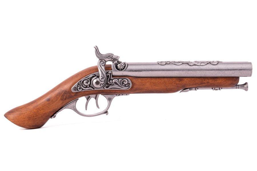 Close up of the dual barrels on a Denix double barrel pirate pistol replica with antique grey finish