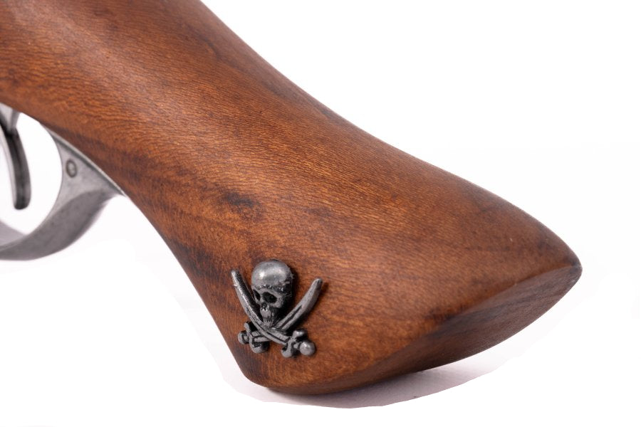 Detailed grip and handle view of a Denix double barrel pirate pistol replica with antique grey finish