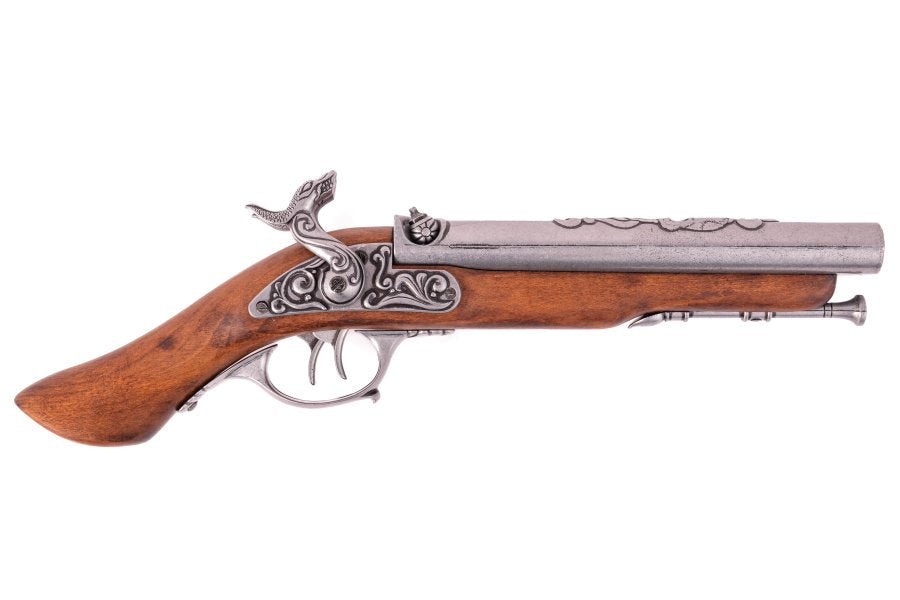 Denix double barrel pirate pistol replica with antique grey finish shown from the left side