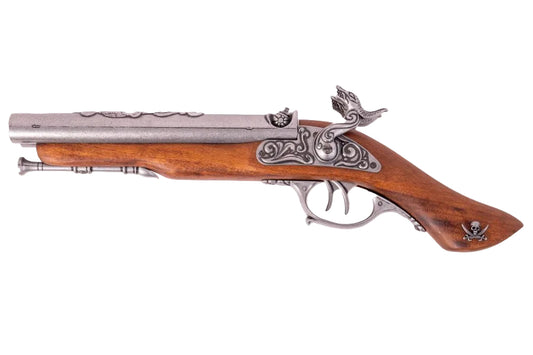 Denix double barrel pirate pistol replica with antique grey finish displayed from the right side