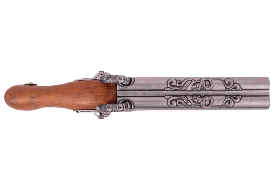 Top view of a Denix double barrel pirate pistol replica showing barrel and frame details