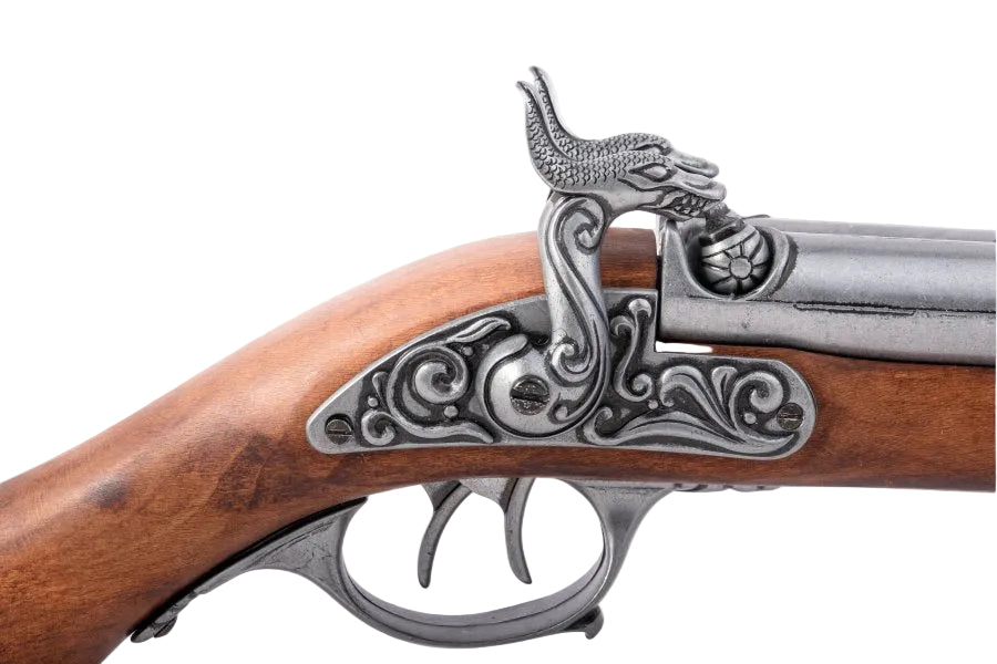 Trigger and hammer detail on a Denix double barrel pirate pistol replica with antique grey finish