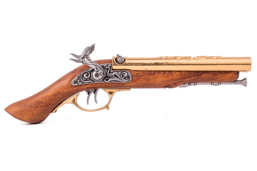 Close up of the dual barrels on a Denix double barrel pirate pistol replica
