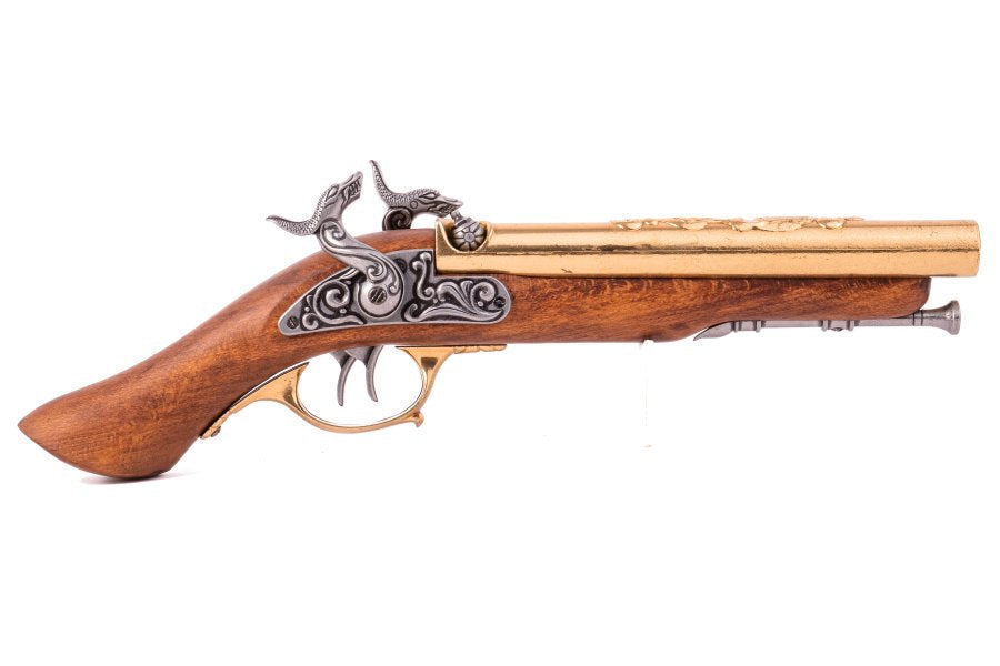Full profile view of a Denix double barrel pirate pistol replica with antique brass finish