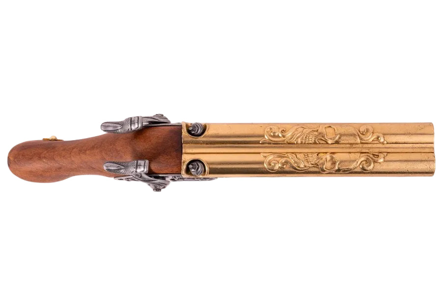 Detailed grip and handle view of a Denix double barrel pirate pistol replica