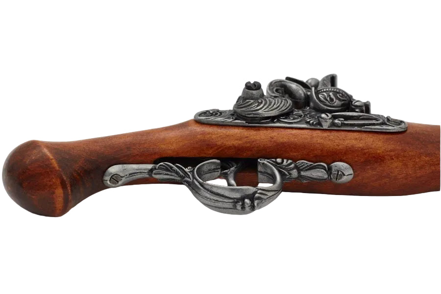 Early 1700s German flintlock replica pistol with simulated engraved barrel