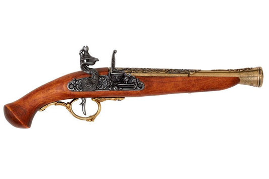Early 18th century German flintlock pistol replica with brass trim and wood grip