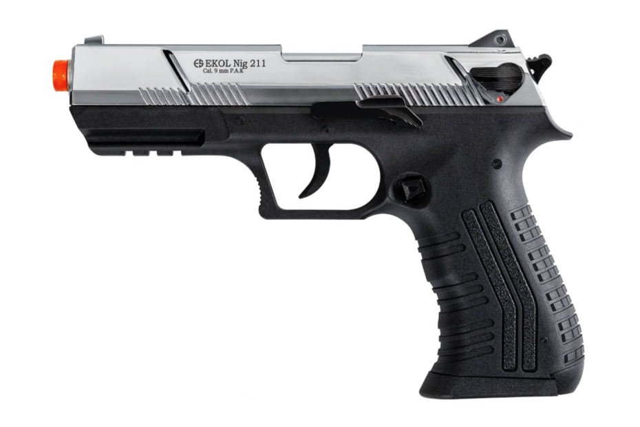Black and silver gun with visible branding on a white background