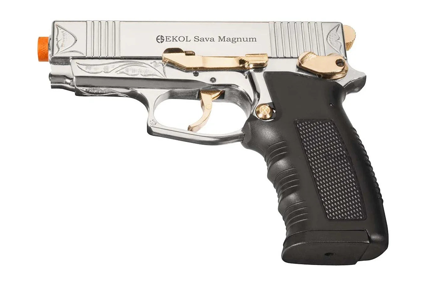 EKOL Sava Magnum 9mm Semi-Auto Front Firing Blank Gun Chrome/Gold/Engraved
