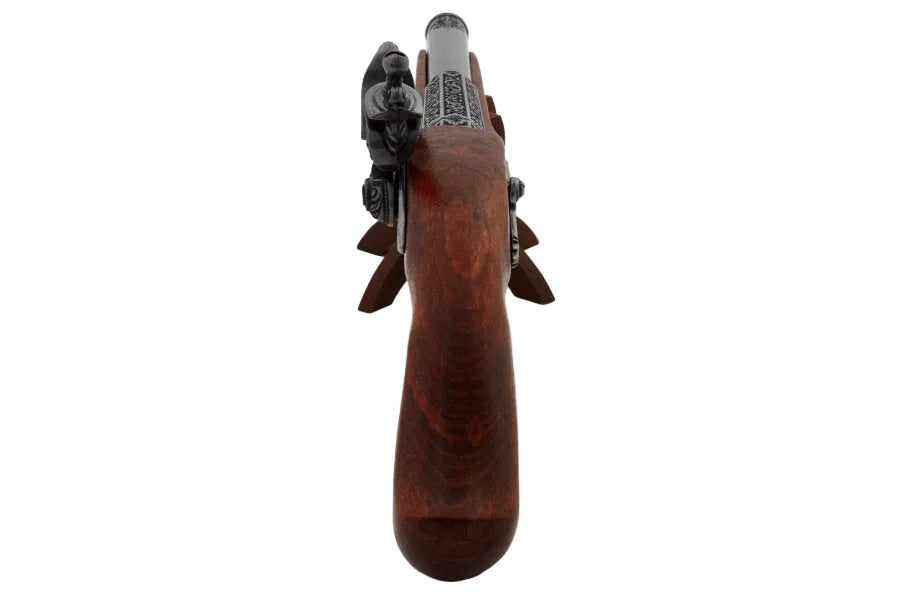 English flintlock pistol gray finish wood grip and metal barrel detail