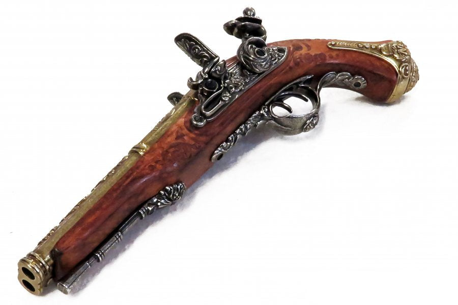 Engraved double barrel flintlock pistol replica with decorative details