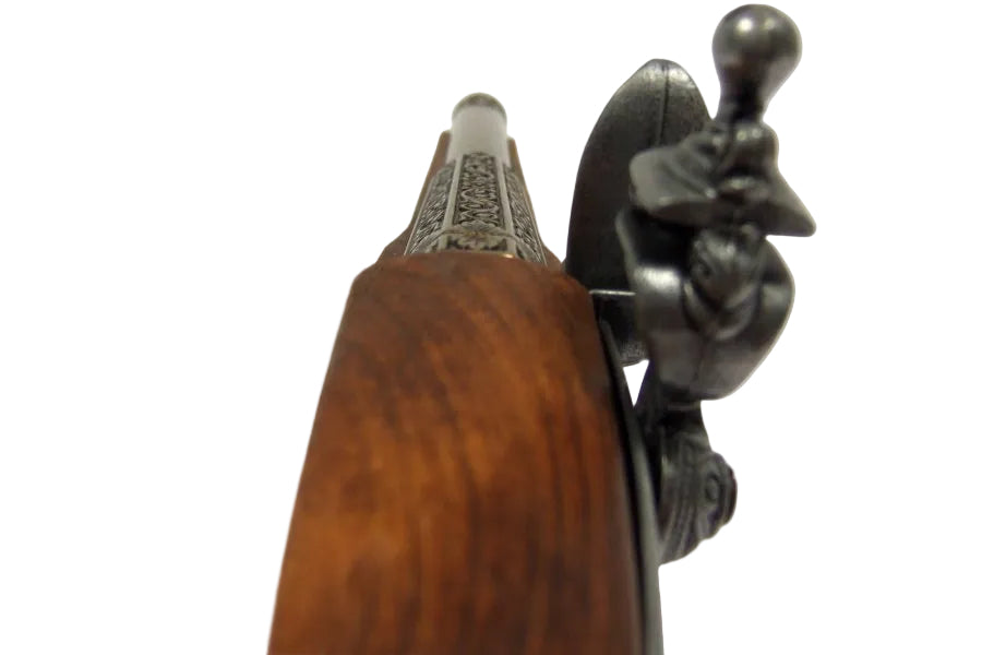 Engraved Denix flintlock pistol replica with antique brass accents and realistic moving parts