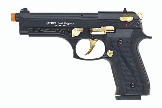 Ekol Firat Magnum 92 front firing blank gun in black finish with gold engraved accents, 9mm PAK semi-automatic pistol