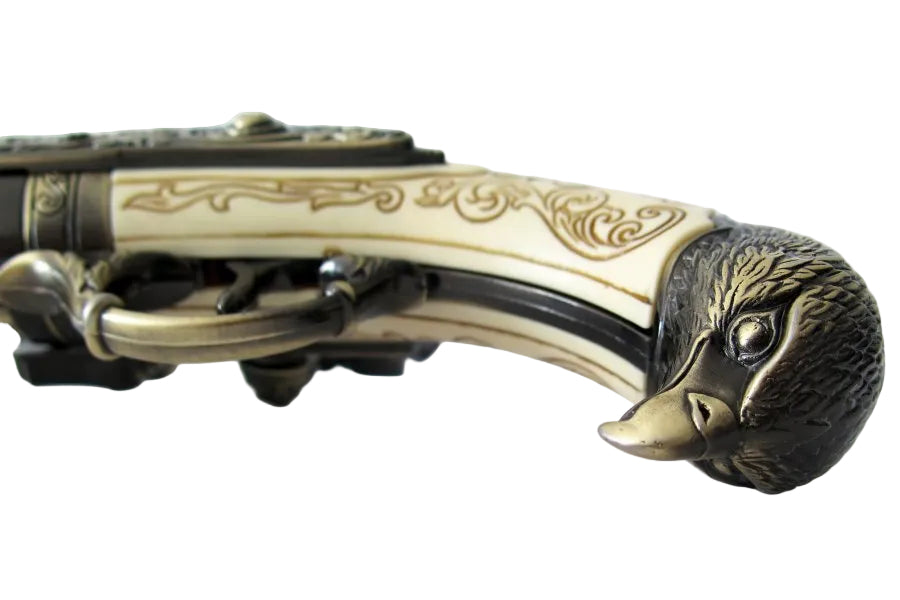 Flintlock pistol replica featuring mock ivory grip panels