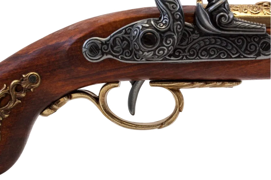 Detailed view of French percussion pistol replica lock mechanism with realistic historical features
