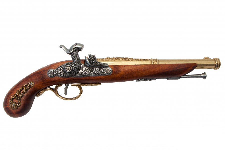 Right side display of French percussion pistol replica featuring brass construction and classic military styling