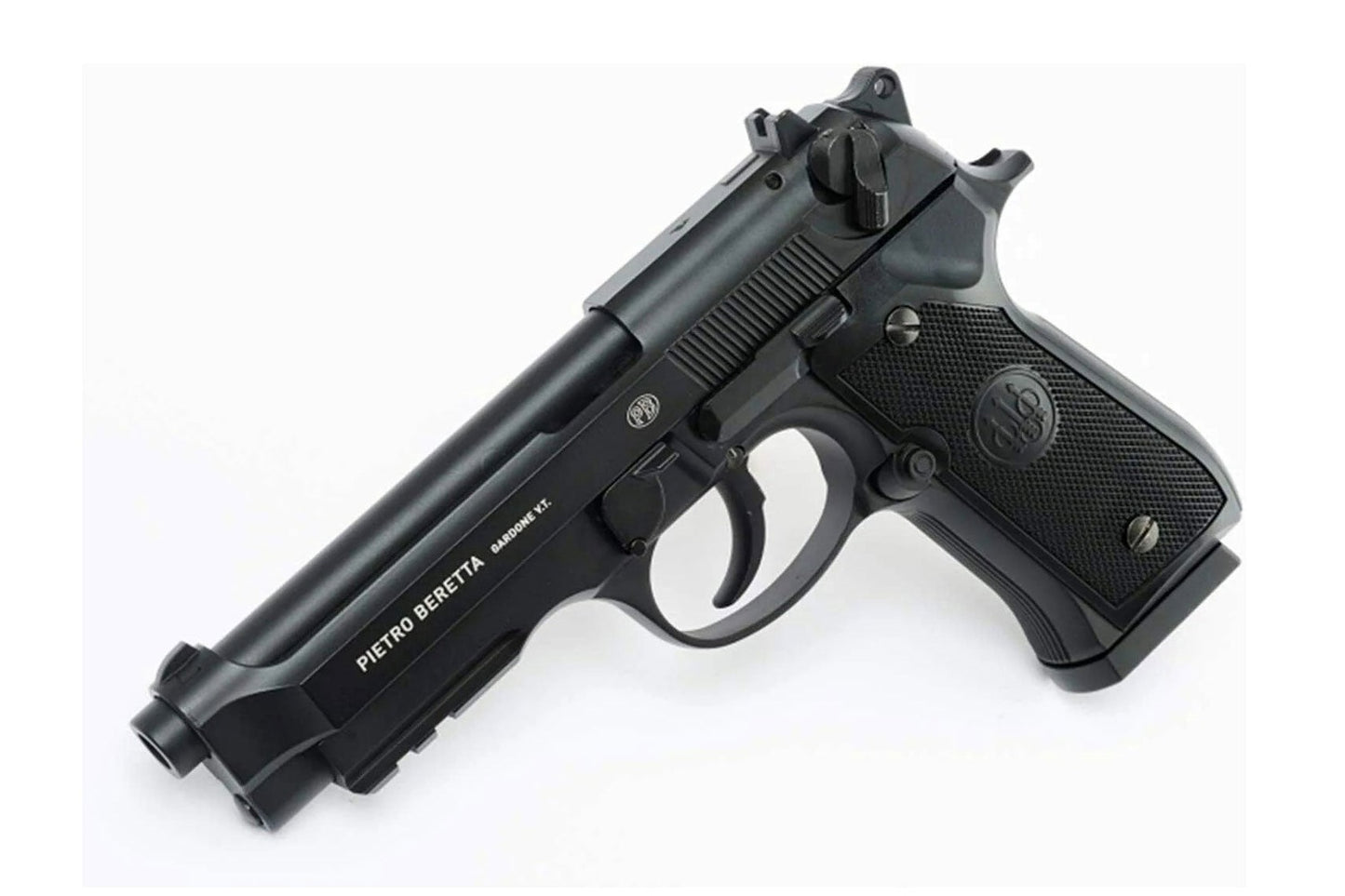 Full metal Beretta M92 A1 airgun with textured grip and fixed sights
