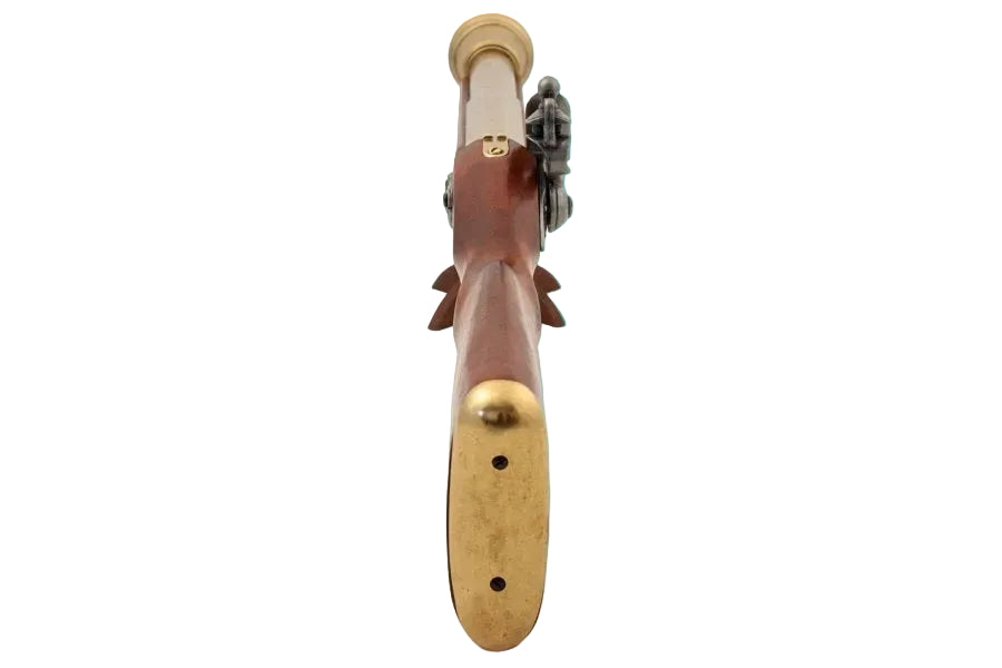 Close-up of a wooden and brass firearm on a white background with 'Denix' branding.