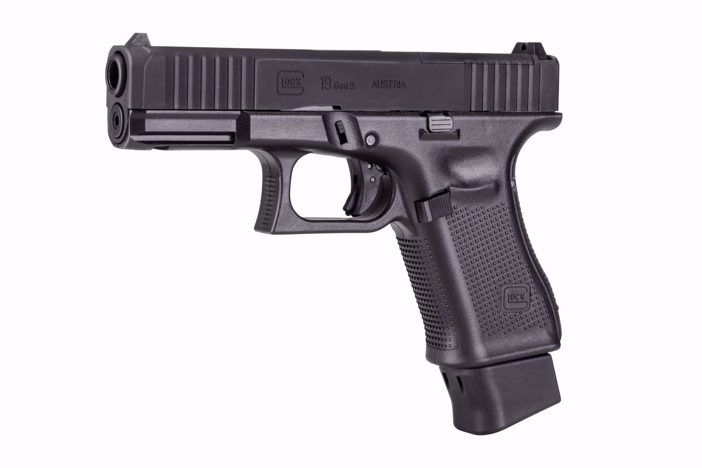 Glock 19 Gen5 MOS BB gun left side showing slide and grip texture detail
