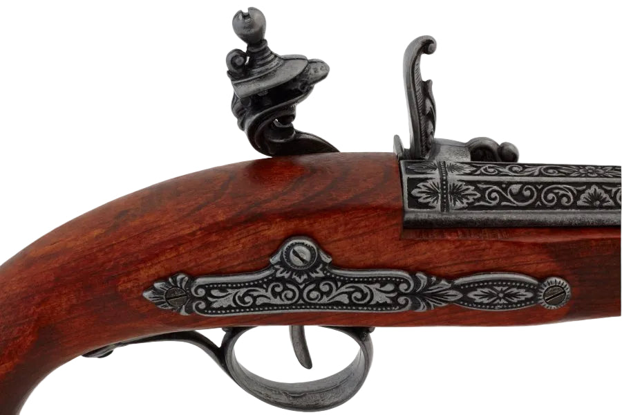 Gray finish flintlock pistol detailed view of working trigger and hammer mechanism