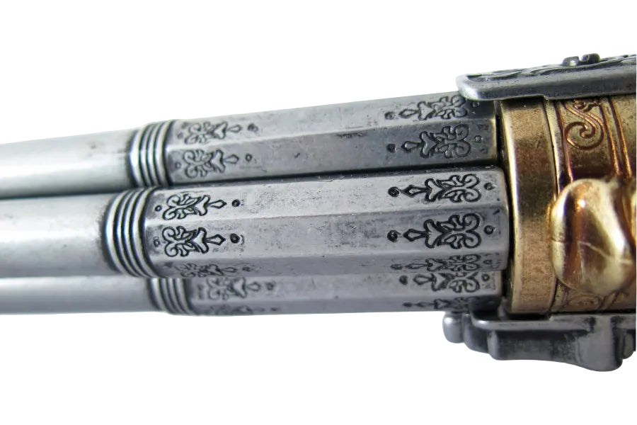 Historical style triple barrel flintlock pistol replica with engraved details and ivory grip