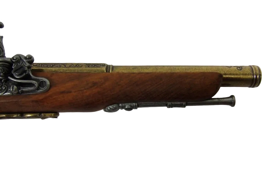 Historical brass flintlock pistol replica ideal for collectors reenactments and theatrical display