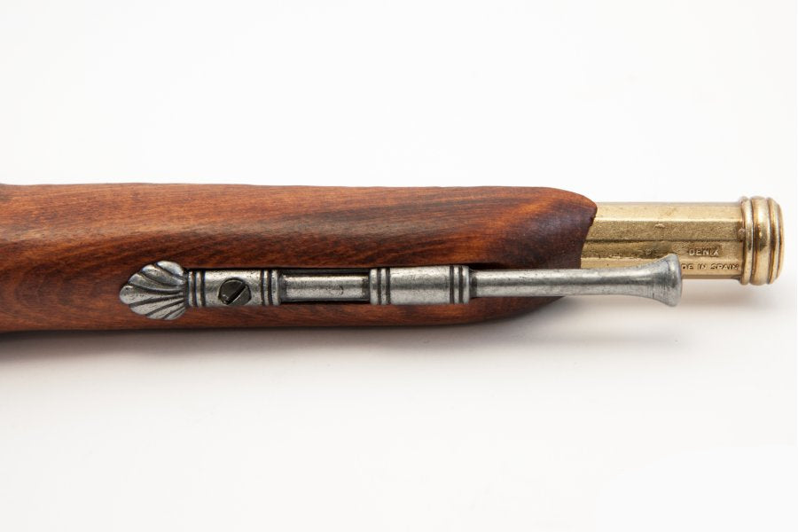 Front muzzle view of historical French percussion pistol replica designed for collectors and display