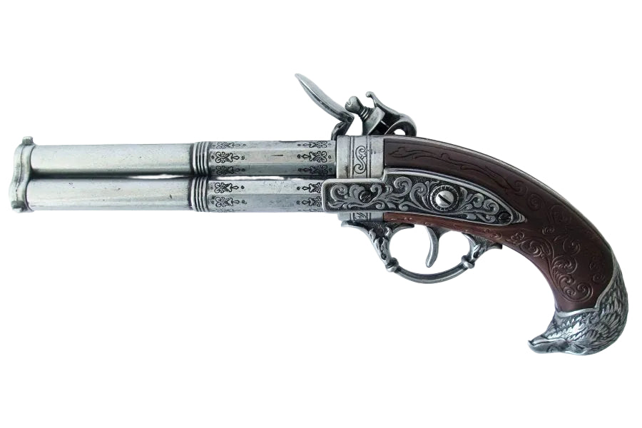 Historical style triple barrel flintlock pistol replica displayed at an angled perspective