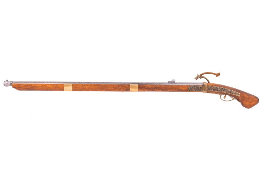 Edo period Japanese matchlock rifle replica featuring traditional Tanegashima firearm design and aged metal finish