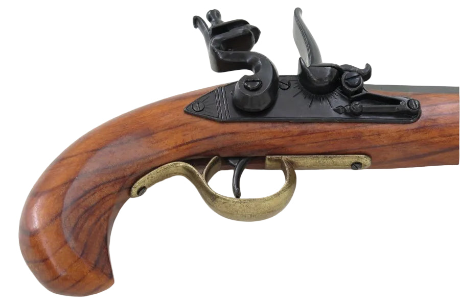 18th century Kentucky flintlock pistol replica with brass fittings and wooden grip