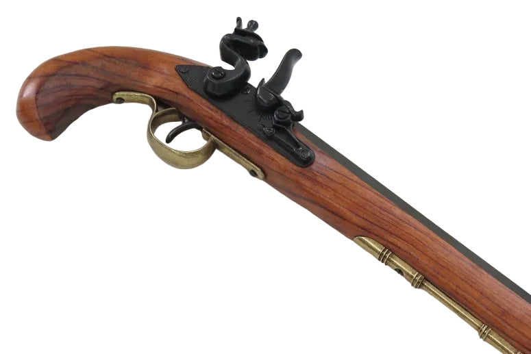 Side view of Kentucky flintlock pistol brass historical firearm replica