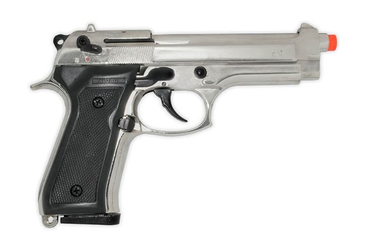 Silver and black handgun on a white background
