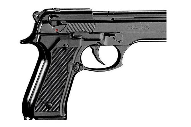 Display presentation of Kimar Model 92 front firing blank gun with black finish for film and reenactment