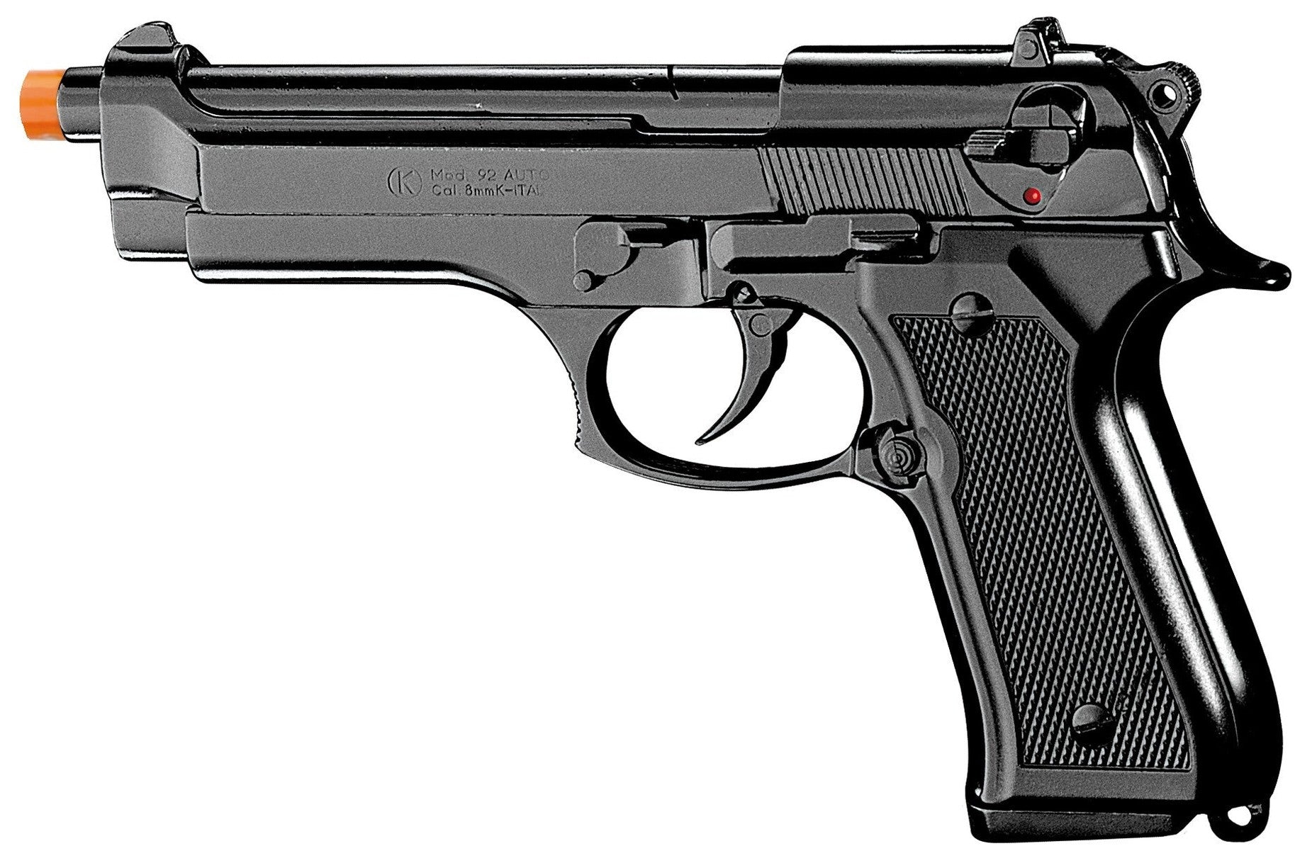Full view of Kimar Model 92 front firing blank gun with black finish for collectors and props