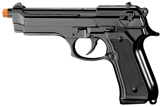 Full view of Kimar Model 92 front firing blank gun with black finish for collectors and props