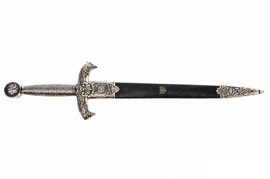 Denix King Arthur dagger replica fully sheathed with antique silver-tone fittings and dark scabbard