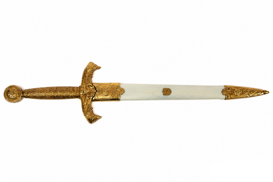 Denix King Arthur regal dagger replica fully sheathed with gold-tone fittings and light scabbard