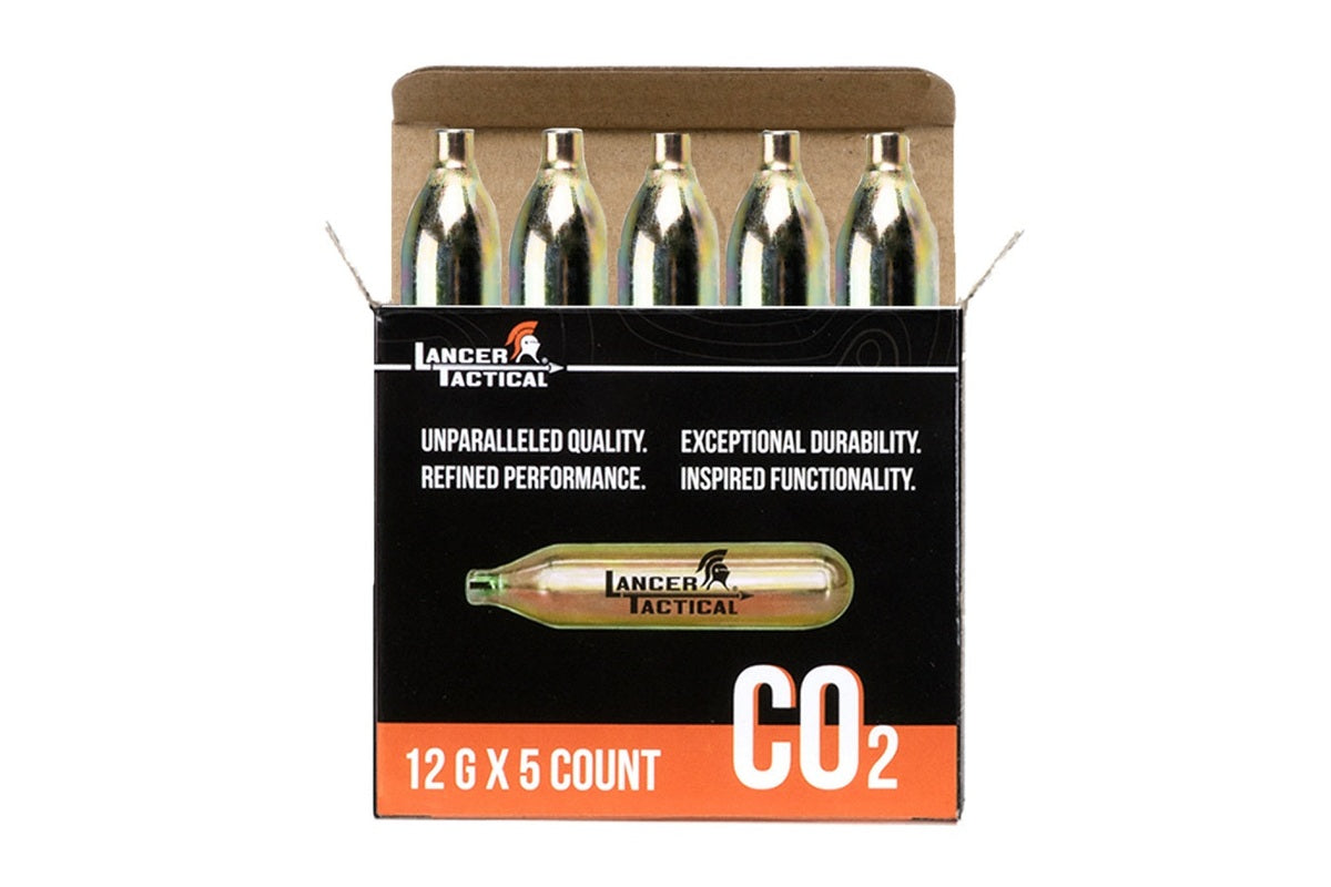 Pack of Lancer Tactical CO2 cartridges on a white background
