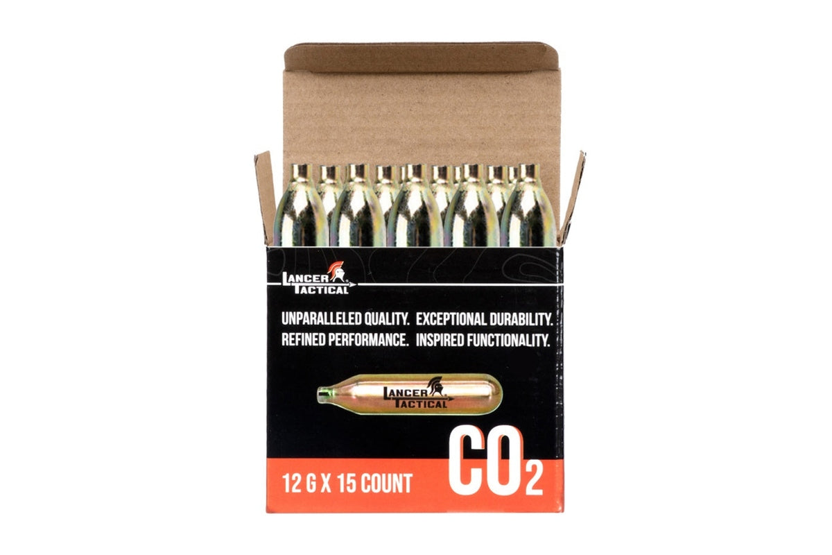 Box of Lancer Tactical CO2 canisters with 15 canisters inside on a white background