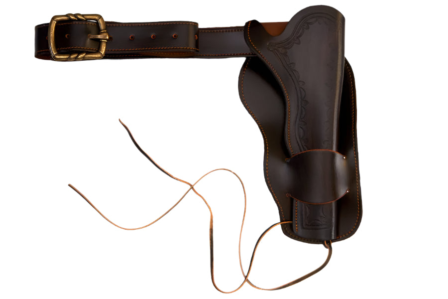 Brown leather holster with belt on a white background, featuring the Denix brand.