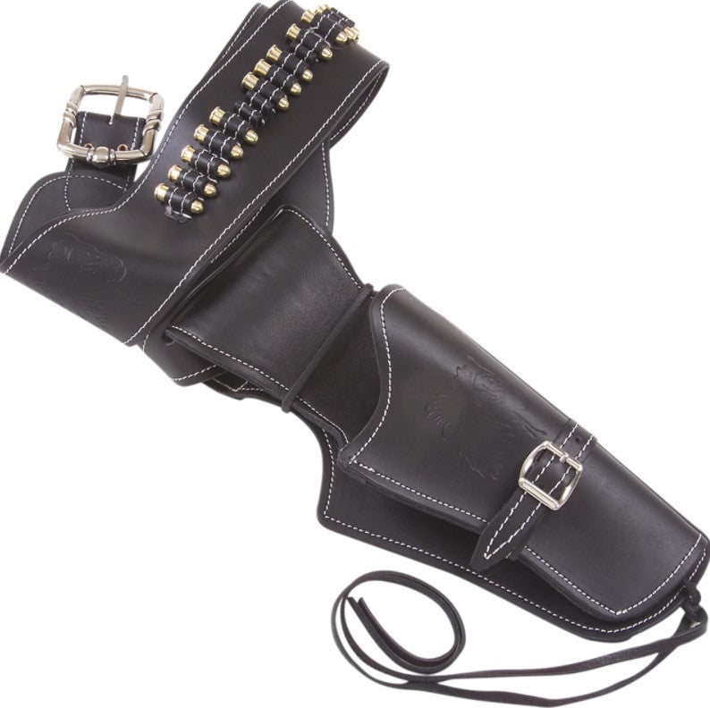 Black leather quiver with gold studs and buckles on a white background