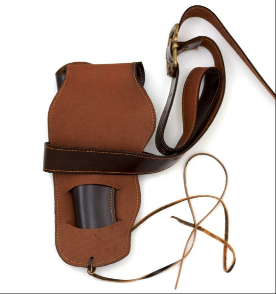 Brown leather holster with strap on a white background, featuring the Denix brand.