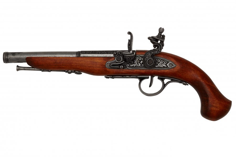 Left handed English flintlock pistol gray finish Denix replica full side view