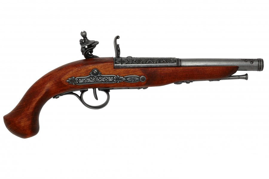Left handed flintlock pistol gray finish showing lock mechanism on left side