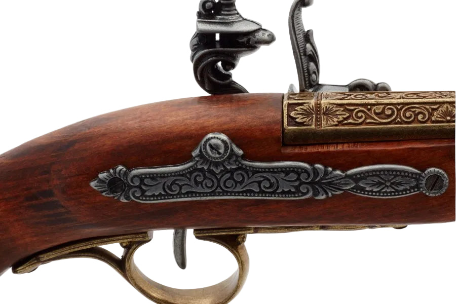 Detailed view of left handed flintlock pistol replica lock mechanism with authentic Napoleonic era styling