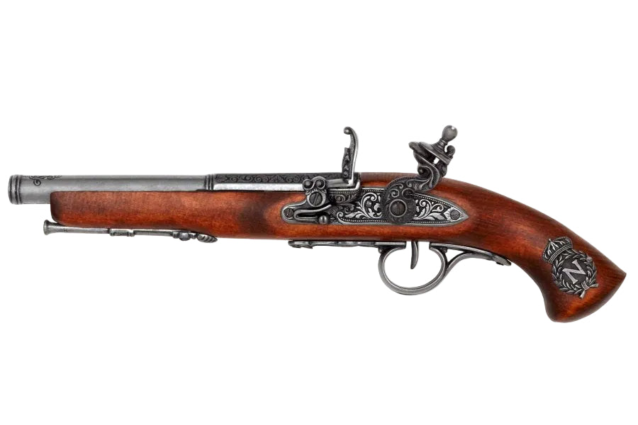 Left handed Napoleonic flintlock pistol replica with gray finish and authentic military inspired historical design