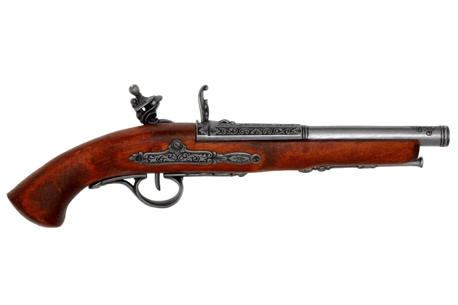 Right side view of left handed Napoleonic flintlock pistol replica featuring realistic gray metal finish and wood grip